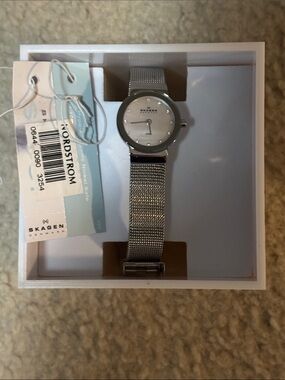 Skagen Silver Mesh Bracelet Watch with Mother-of-Pearl Dial